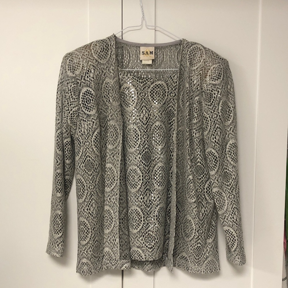SAM. Women's Elegant Gray Lace Cardigan and tank top